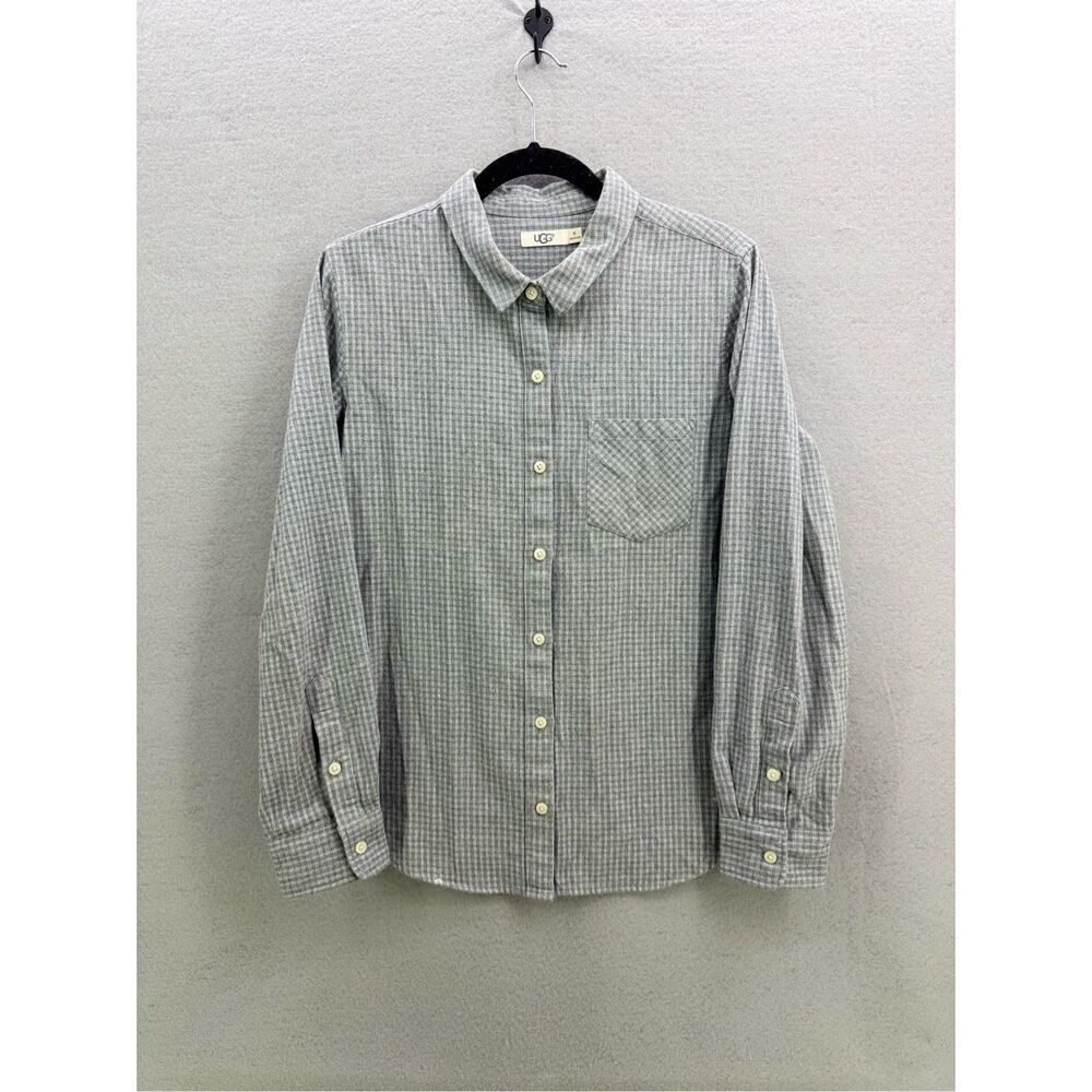 UGG Mens Gray White Check Plaid Long Sleeve Flannel Button Up Shirt Size Medium